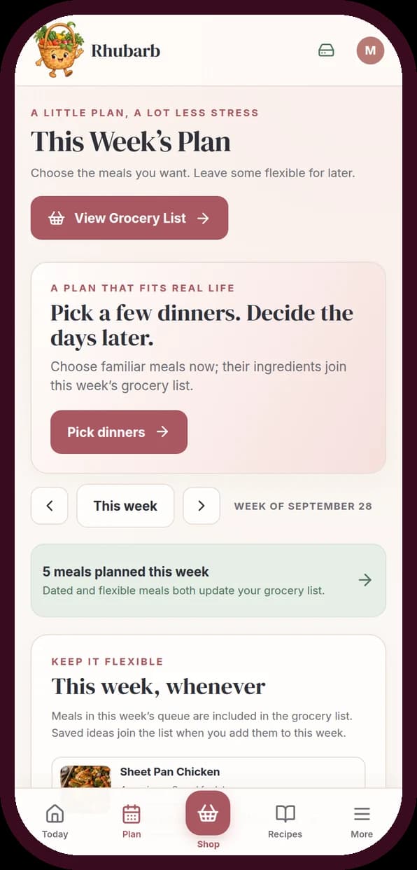 Rhubarb's plan screen: pick a few dinners and decide the days later