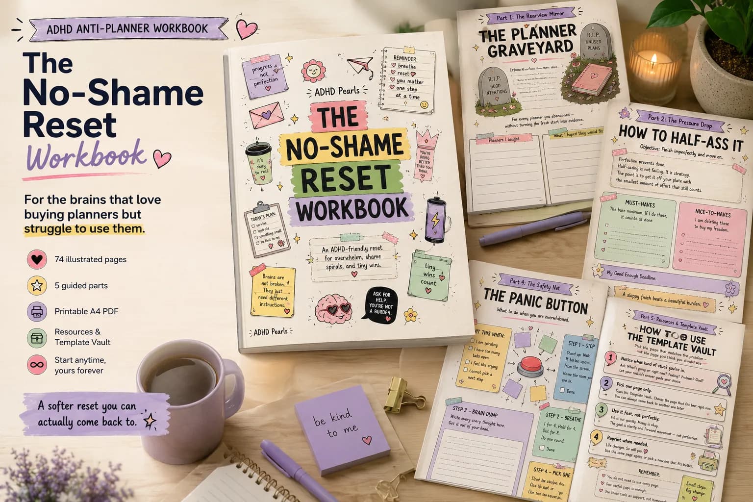 The No-Shame Reset Workbook, a 74-page ADHD anti-planner workbook with printable reset pages and reusable templates