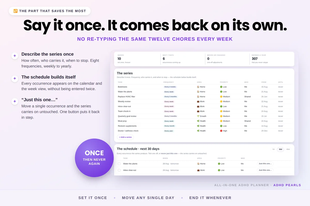 The Recurring tab: describe a series once — how often, who carries it, when to stop — and the schedule builds itself. A single occurrence can be moved without disturbing the series.