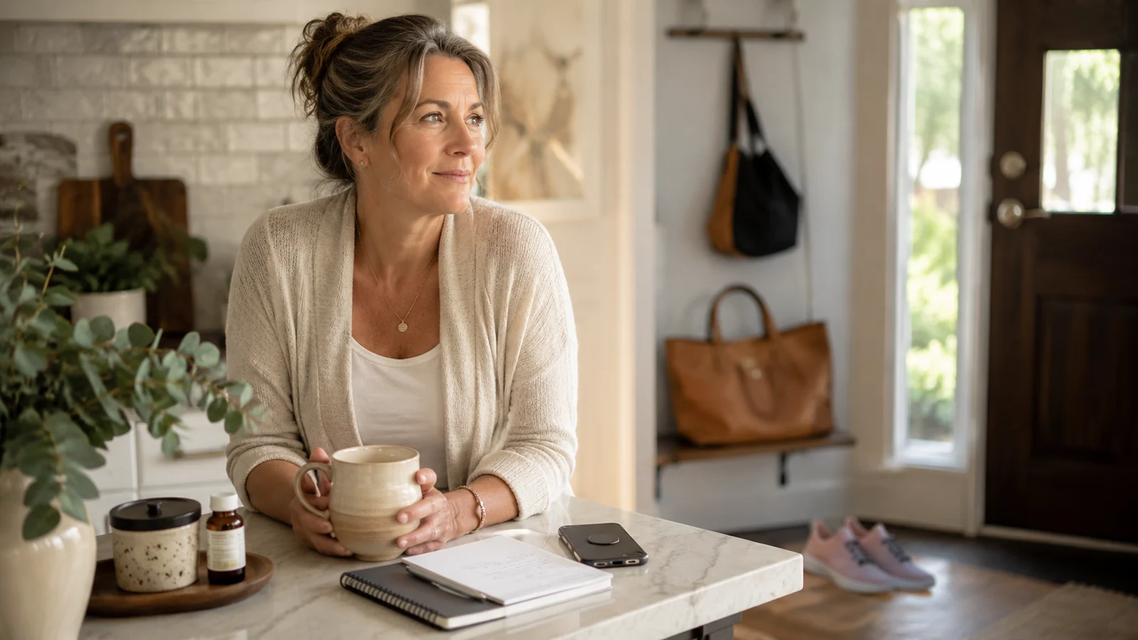 Late-diagnosed ADHD woman in a calm home routine with coffee, notebook, phone, walking shoes, and simple daily systems.