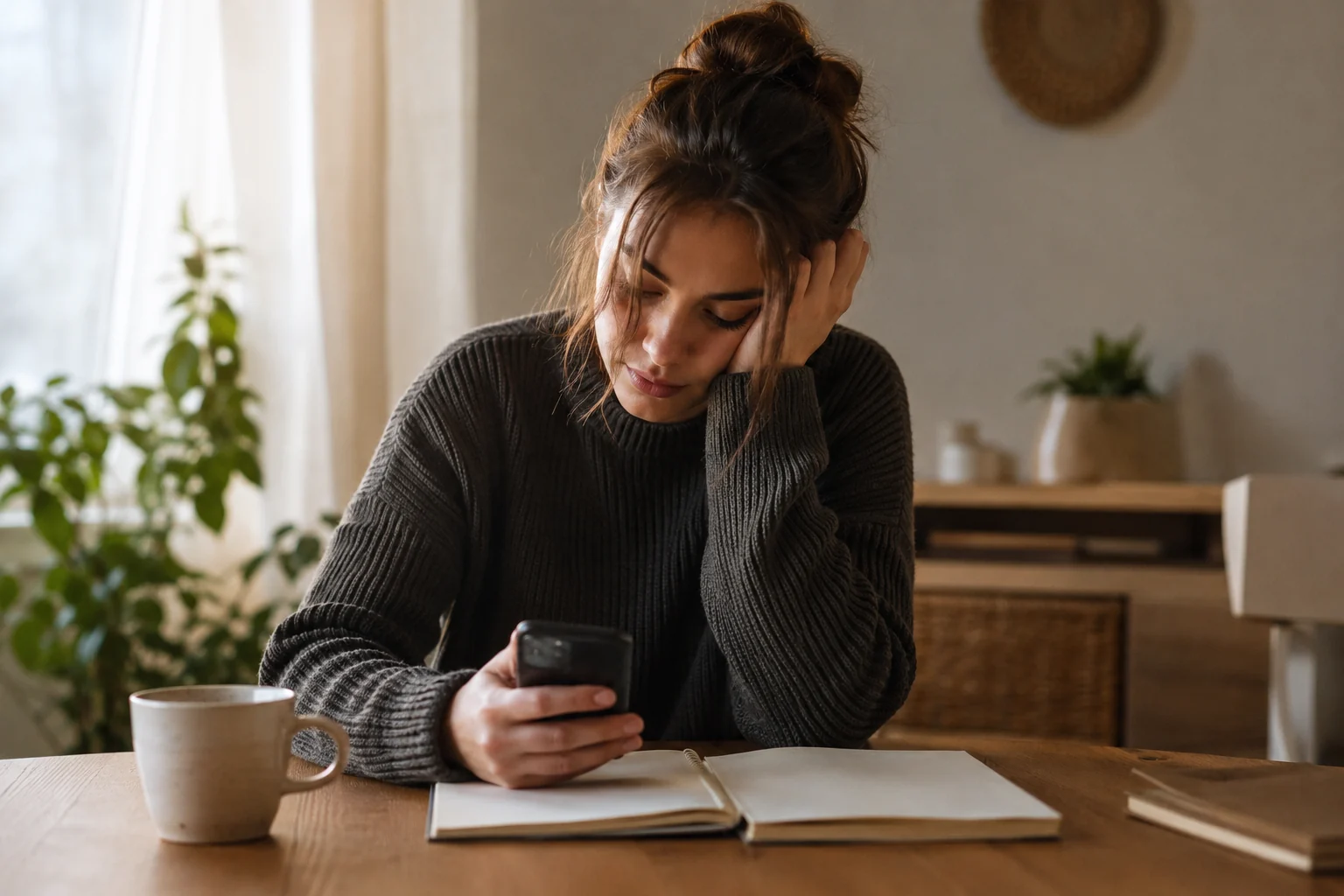 Woman sitting at a table holding a phone beside a notebook and mug, representing ADHD message reply paralysis.