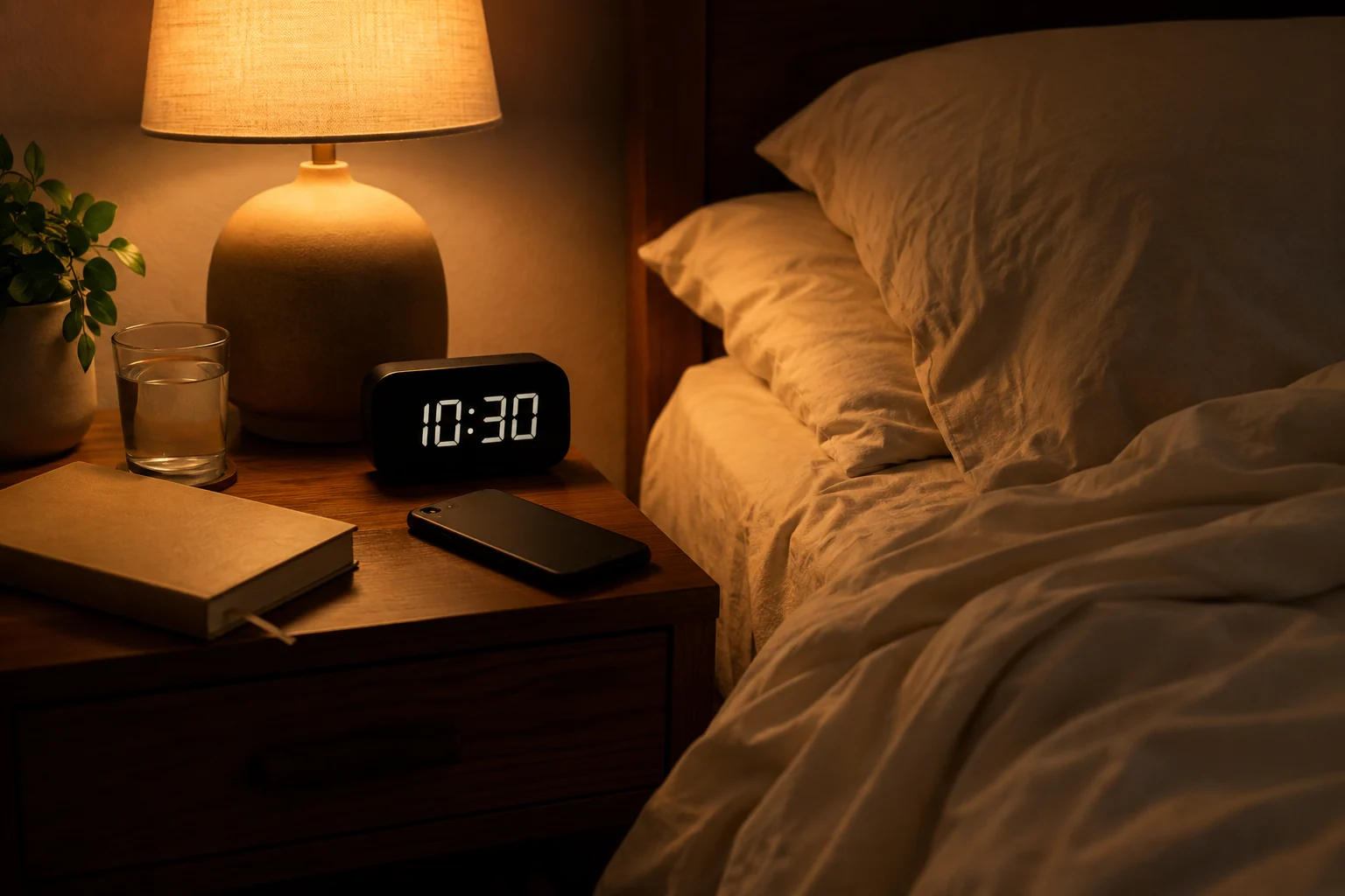 Warm bedside scene with a clock showing 10:30, a lamp, phone, water, and a book beside the bed.