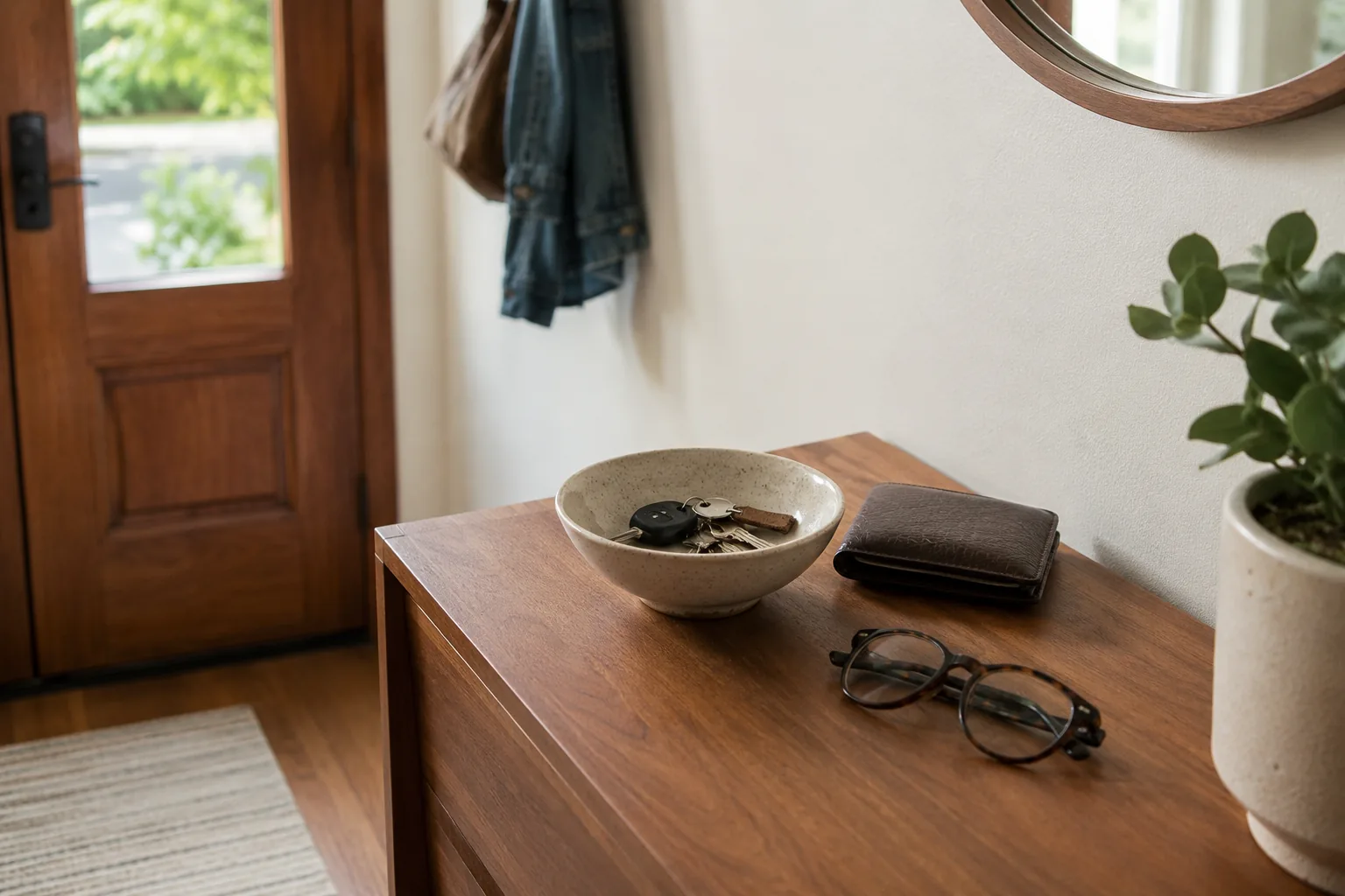 Entryway table with keys in a ceramic bowl, wallet, glasses, plant, and front door nearby.