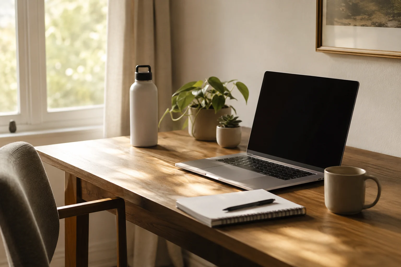Prepared home workspace with laptop, notebook, pen, mug, and water bottle, representing the gap between deciding and starting a task.