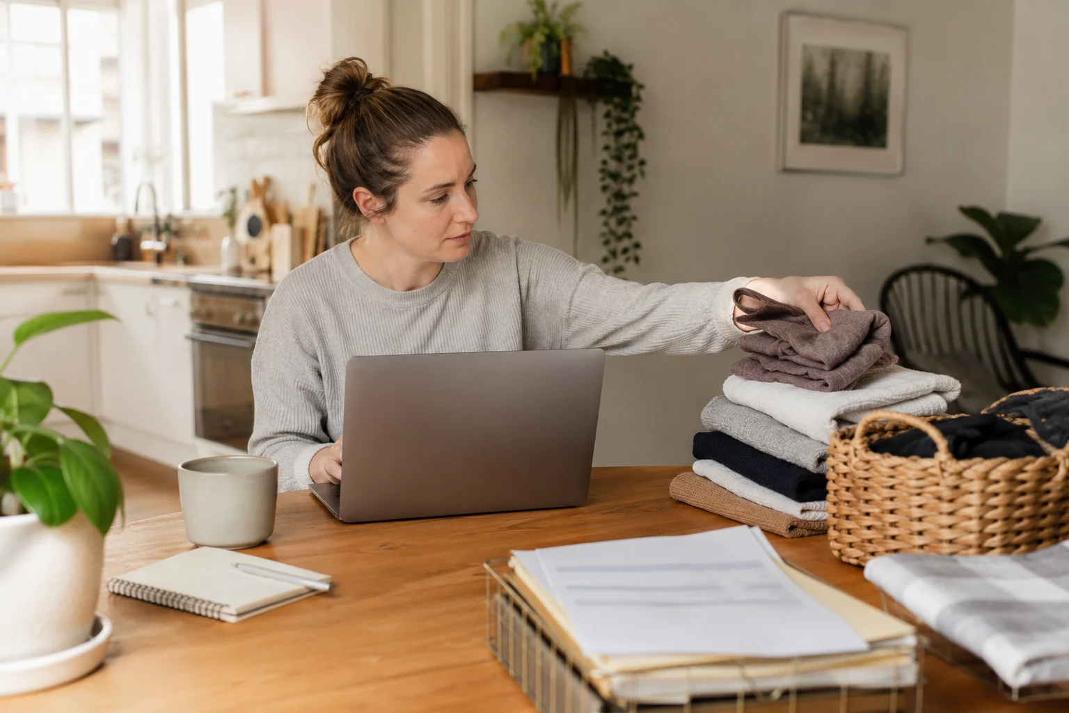 Person organizing papers at a desk, representing the ADHD tendency to do almost-useful tasks instead of the one thing that matters.