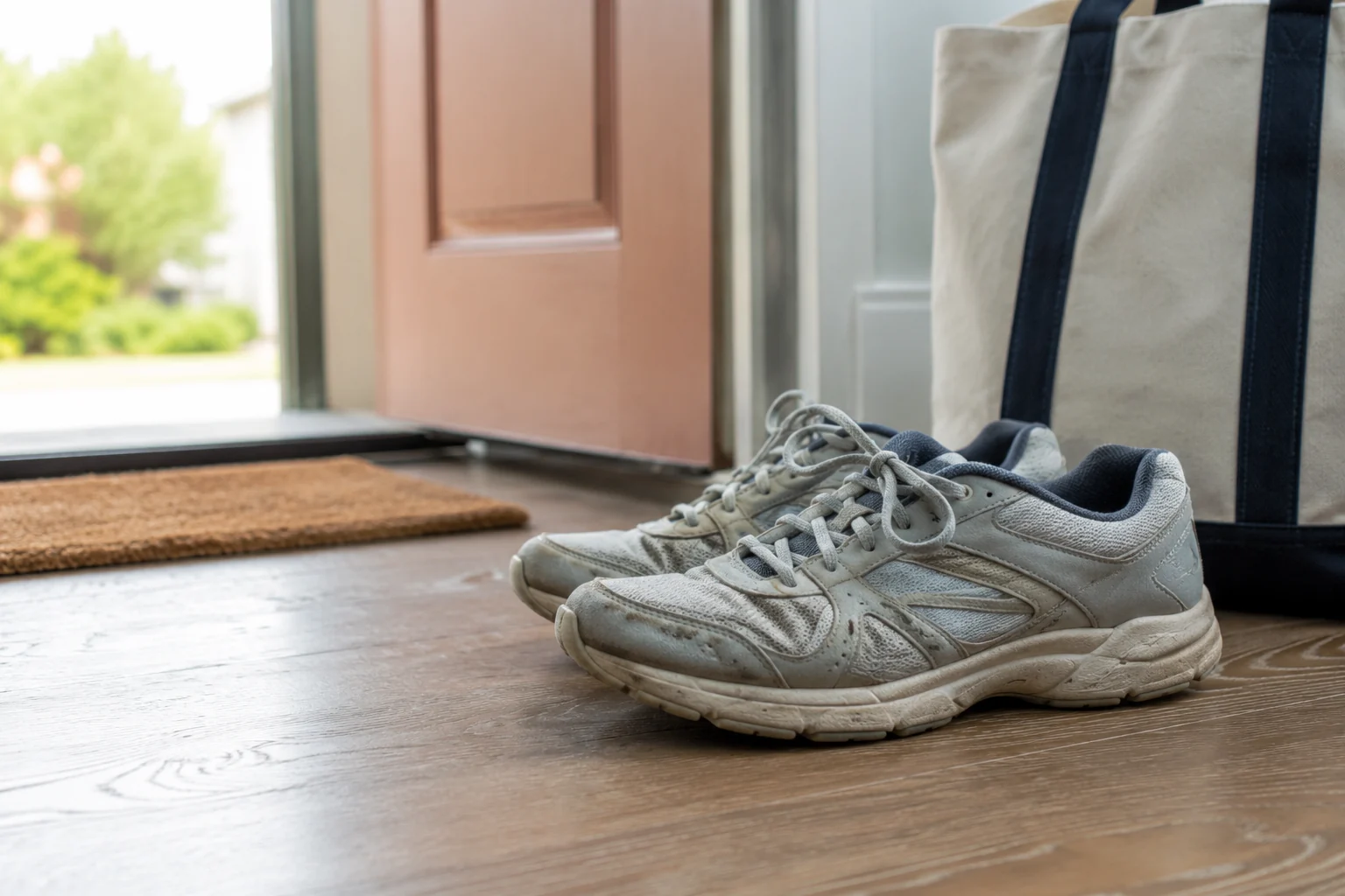 Comfortable worn walking shoes near a front door with a tote bag, suggesting a simple low-pressure walk.
