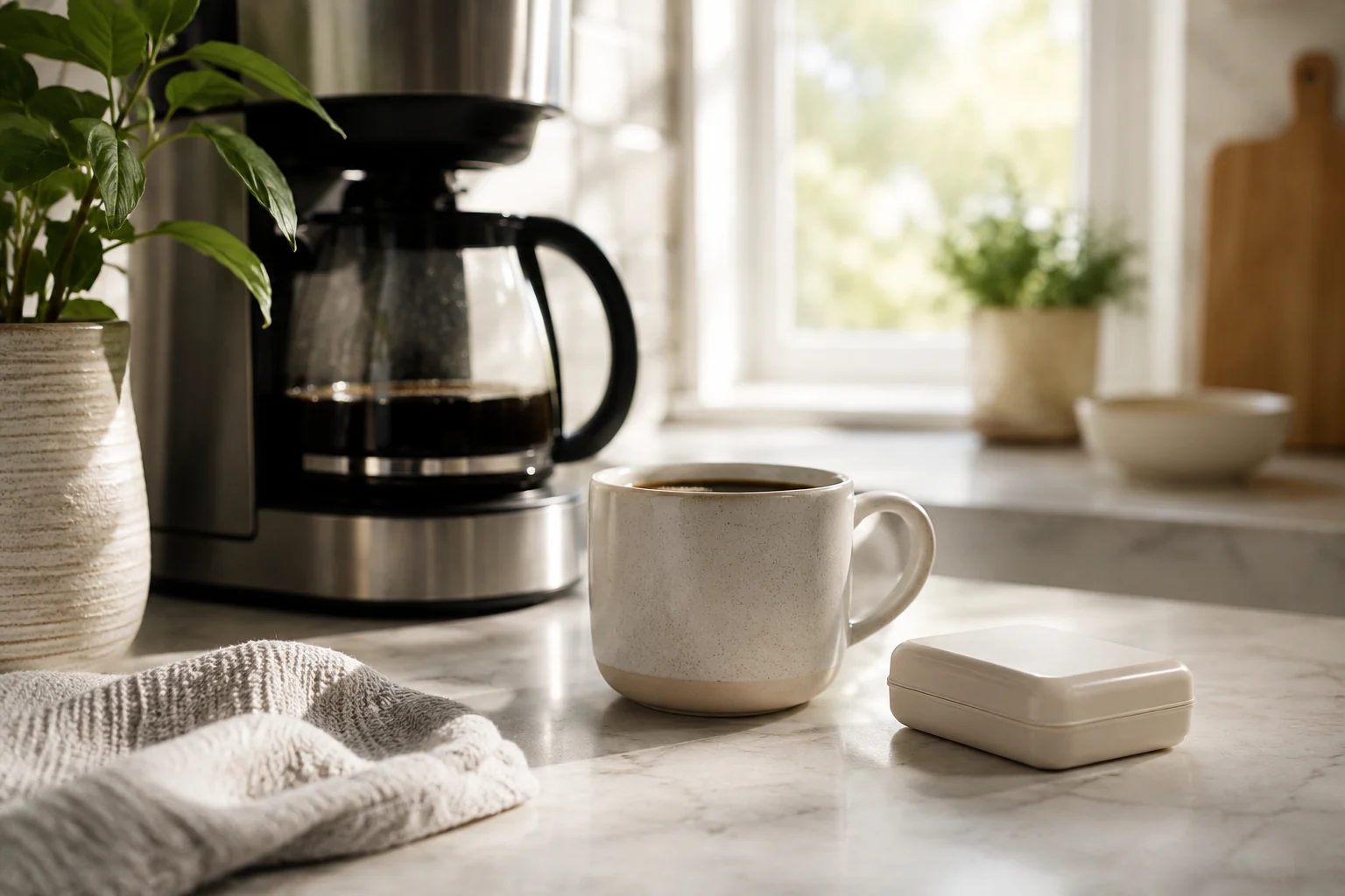 Morning coffee setup with a mug, coffee machine, and discreet closed medication organizer on a kitchen counter.
