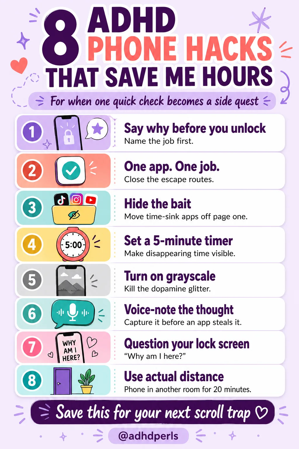 Vertical infographic showing eight ADHD phone hacks for reducing distraction and doomscrolling