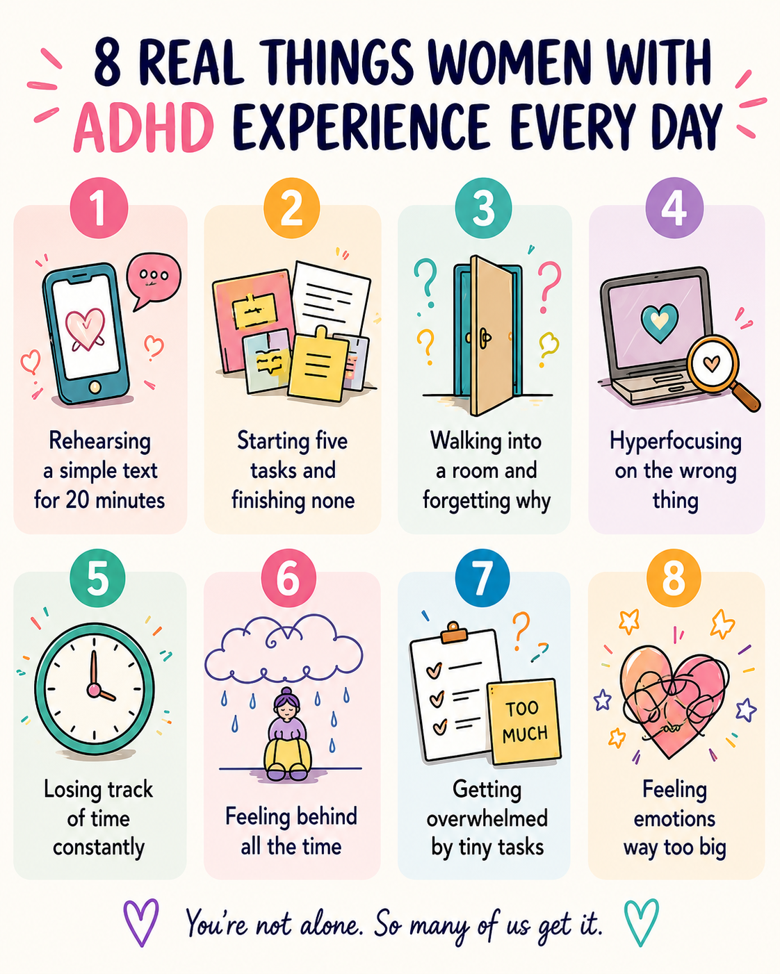 Infographic showing 8 real things women with ADHD experience every day, including overthinking texts, starting tasks, losing time, and emotional overwhelm.