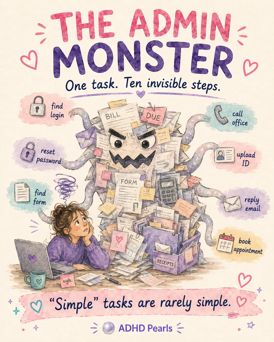 ADHD admin monster illustration showing one task with many invisible steps like bills, forms, logins, and appointments