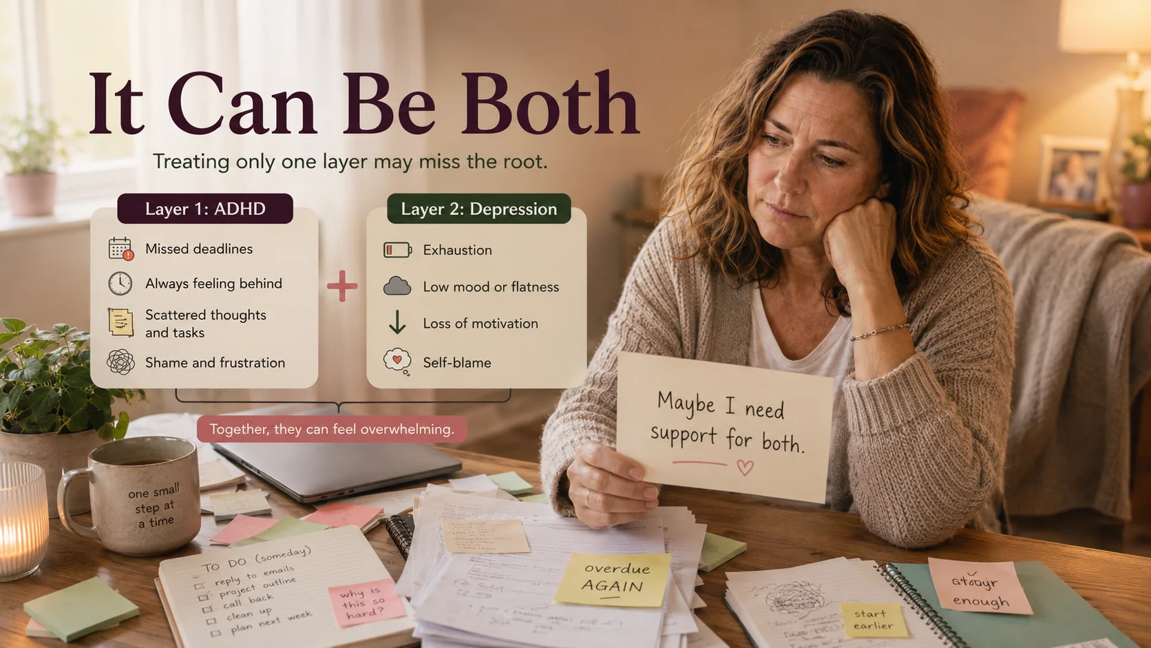 Middle-aged woman holding a note saying she may need support for both ADHD and depression, with an infographic showing ADHD and depression as two overlapping layers.