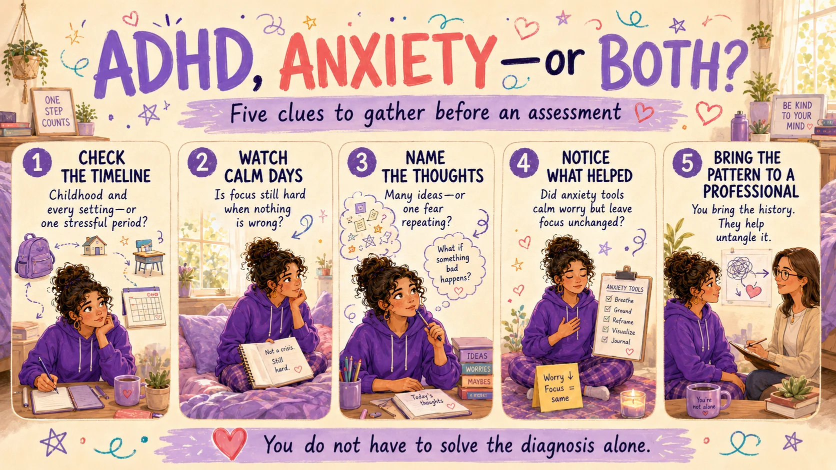 Five clues to gather before an ADHD or anxiety assessment: timeline, calm-day focus, thought pattern, treatment response and professional evaluation.