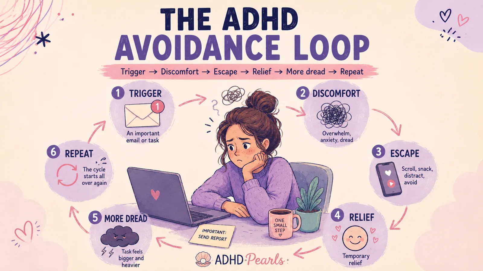 ADHD avoidance loop infographic showing trigger, discomfort, escape, temporary relief, more dread, and repeat