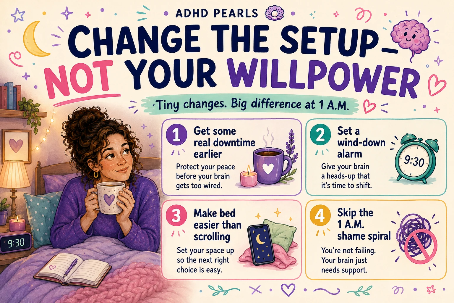 ADHD bedtime infographic showing four ways to change the environment instead of relying on willpower.