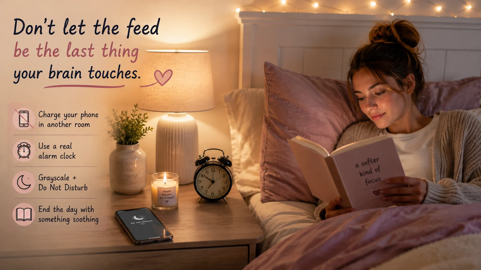 Woman reading in a cozy bedroom at night with her phone set aside, showing a calming ADHD bedtime scrolling reset.