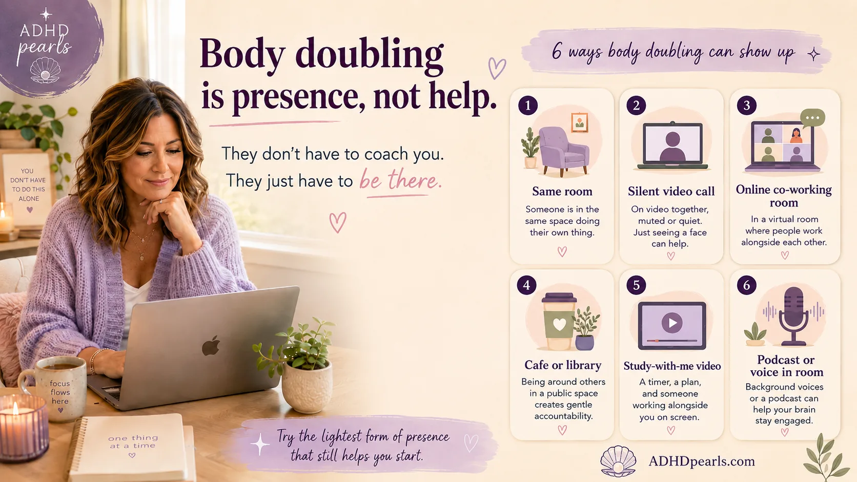 ADHD body doubling infographic showing different forms of presence such as same room, silent video call, online co-working, cafe, library, study-with-me video, and podcast.