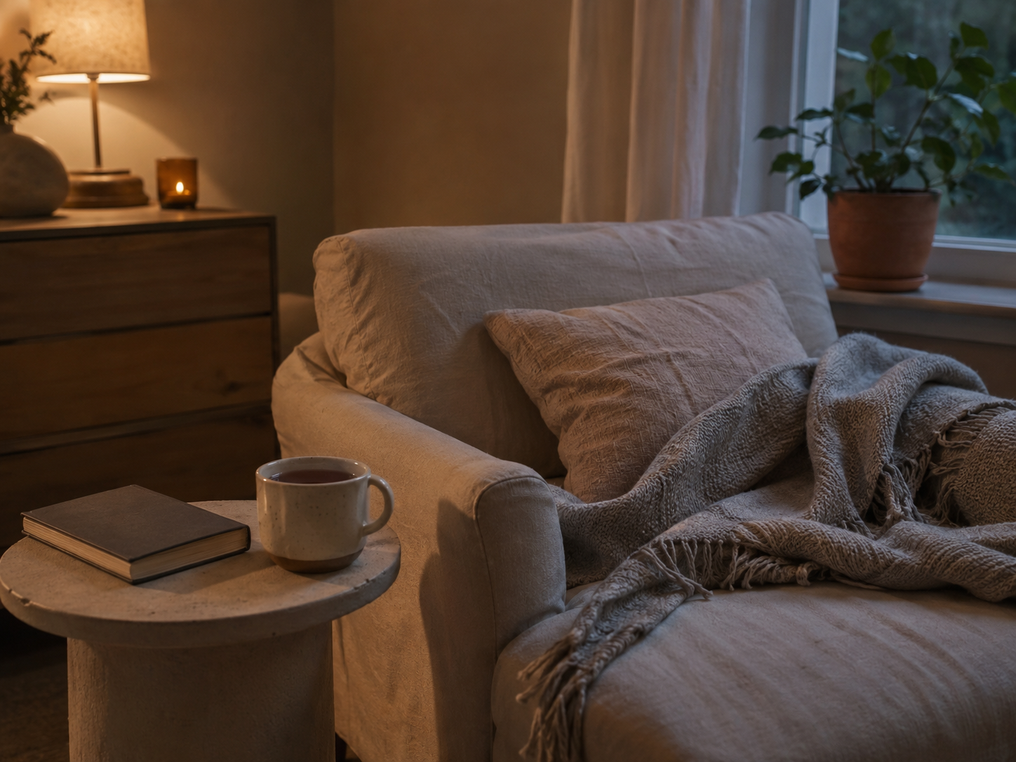 A quiet sofa corner with a blanket, tea and soft evening light, representing low-stimulation recovery from ADHD burnout.