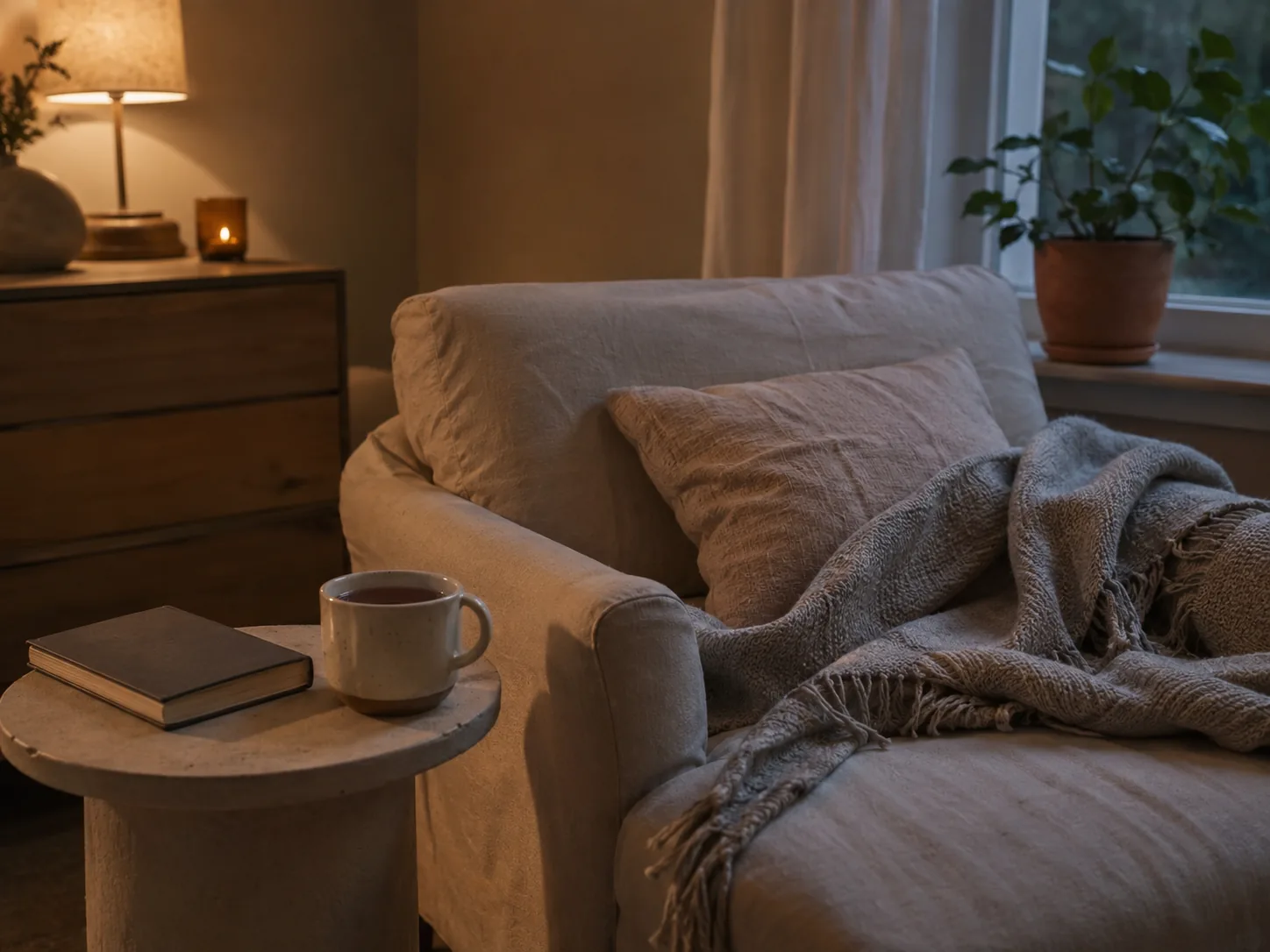A quiet sofa corner with a blanket, tea and soft evening light, representing low-stimulation recovery from ADHD burnout.