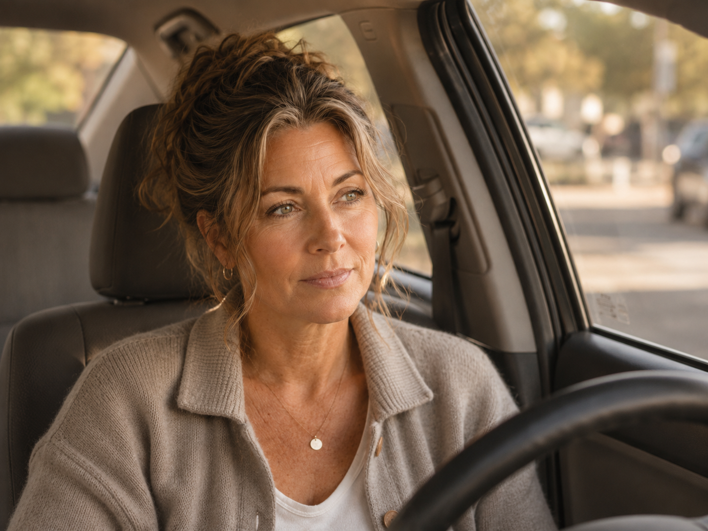 Michelle sitting quietly in a parked car before going inside, representing ADHD masking, emotional exhaustion and the need for transition time.