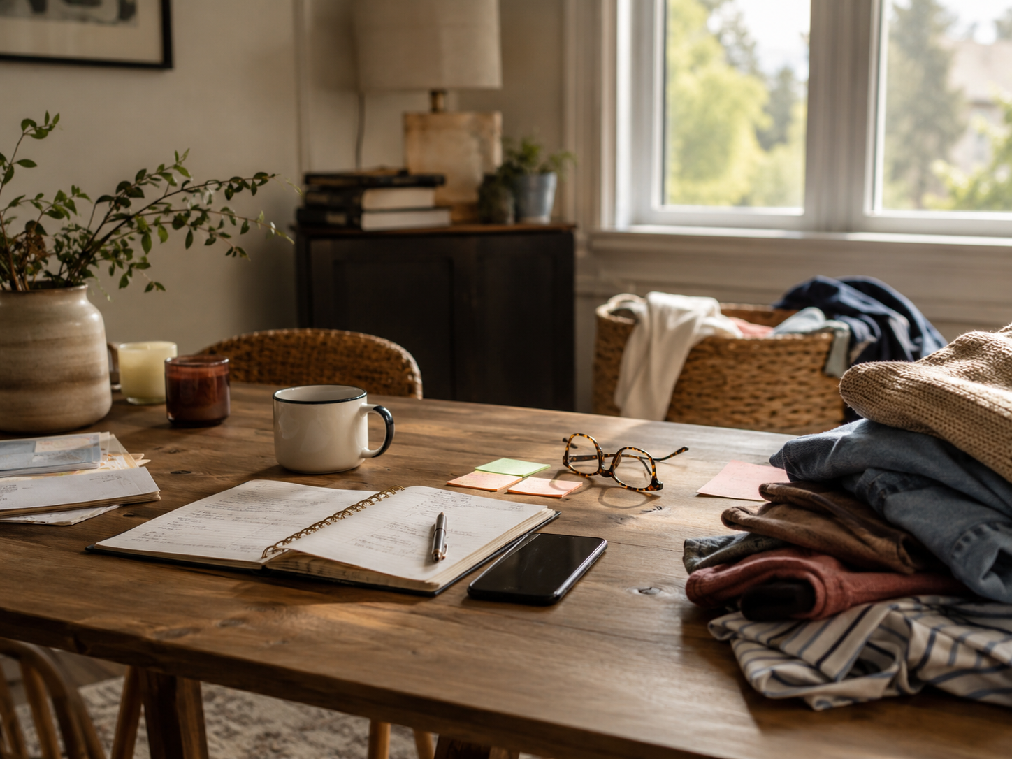 A home table with laundry, notebook, phone, mug and everyday items, representing the invisible load of ADHD burnout in midlife.