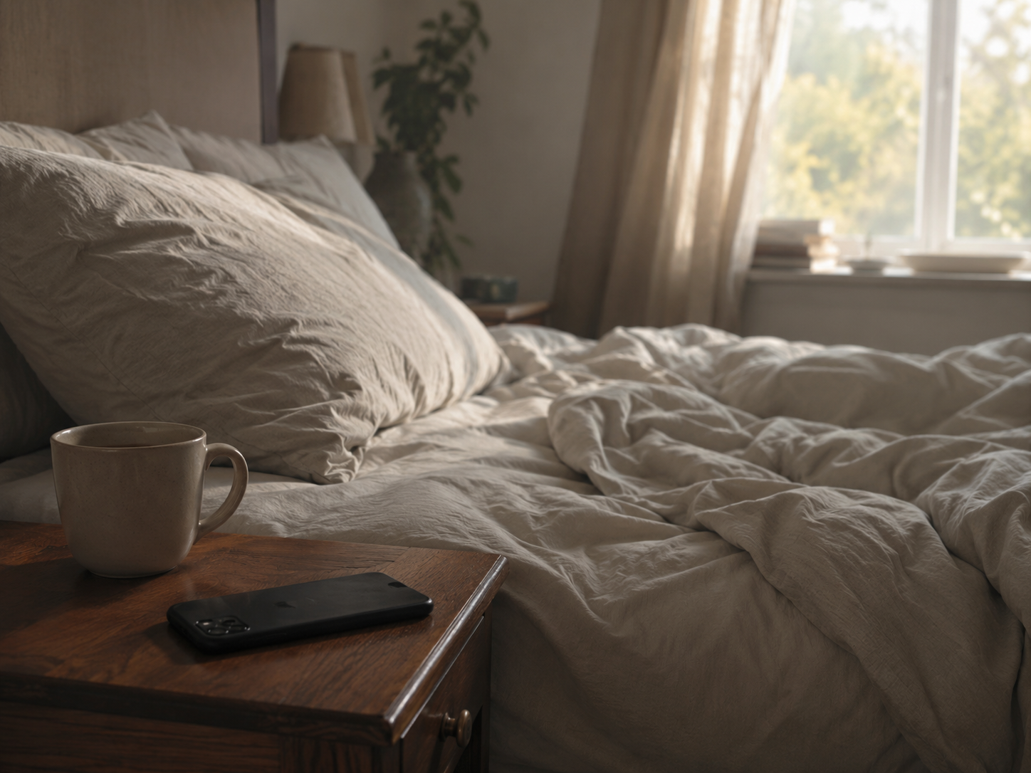 A quiet bedroom with an unmade bed, mug and phone, representing sleep that does not feel restorative during ADHD burnout in perimenopause.