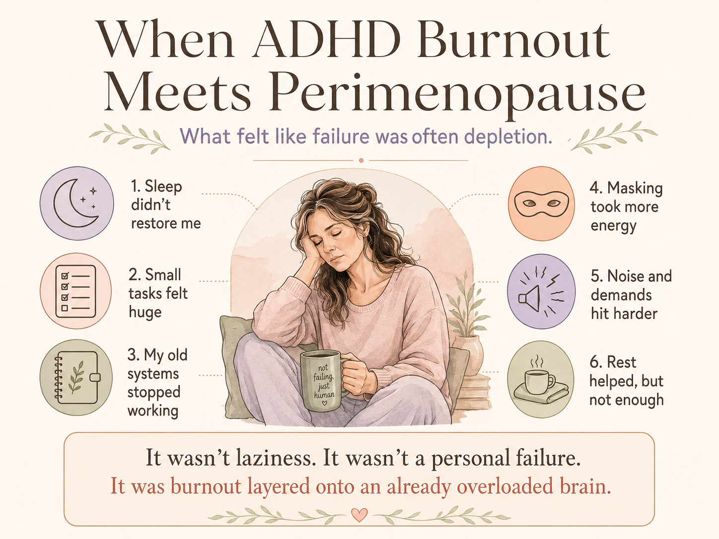 Infographic about ADHD burnout in perimenopause, showing how sleep disruption, small tasks, masking, noise, demands and old systems can intensify depletion.