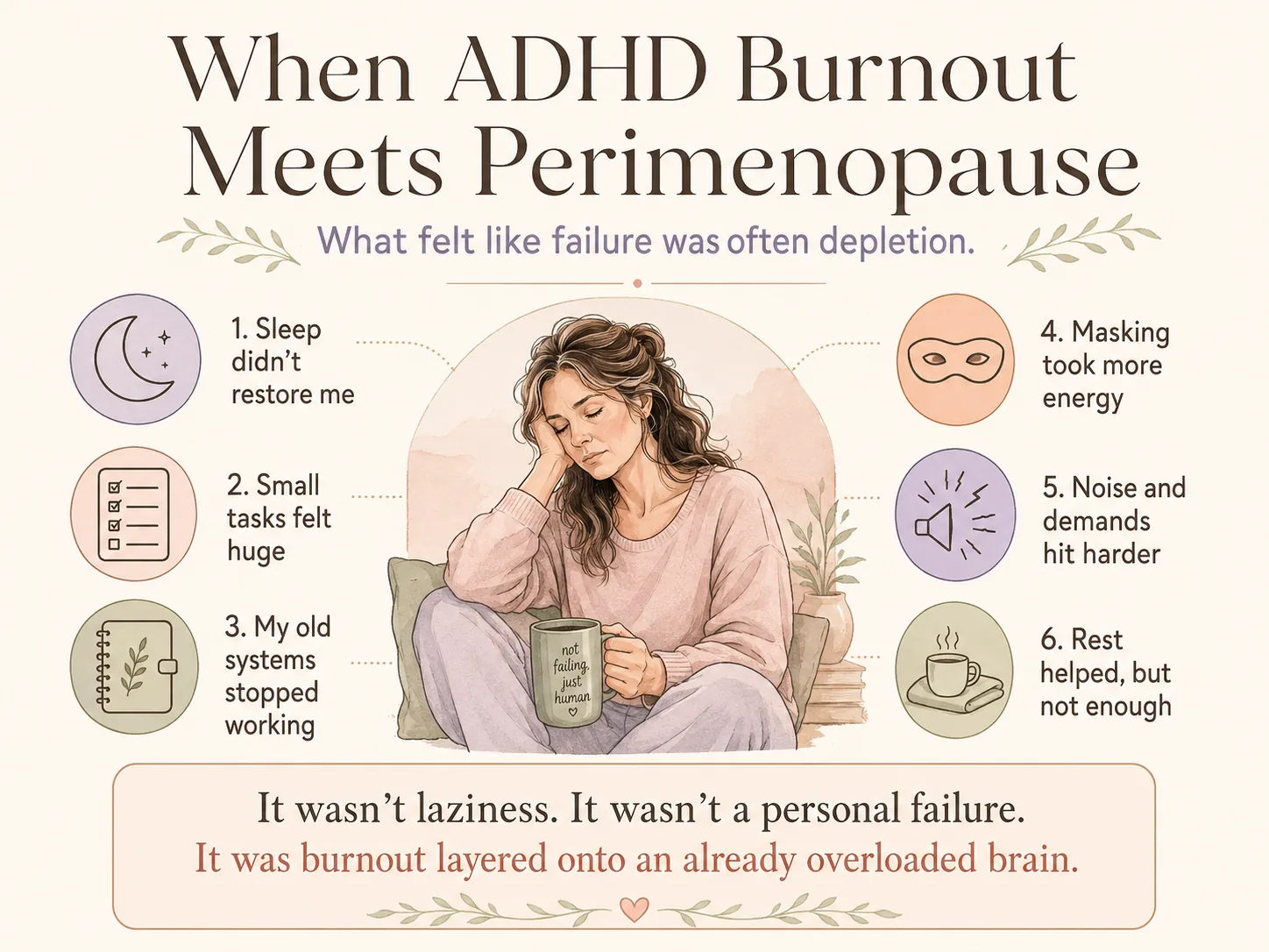 Infographic about ADHD burnout in perimenopause, showing how sleep disruption, small tasks, masking, noise, demands and old systems can intensify depletion.