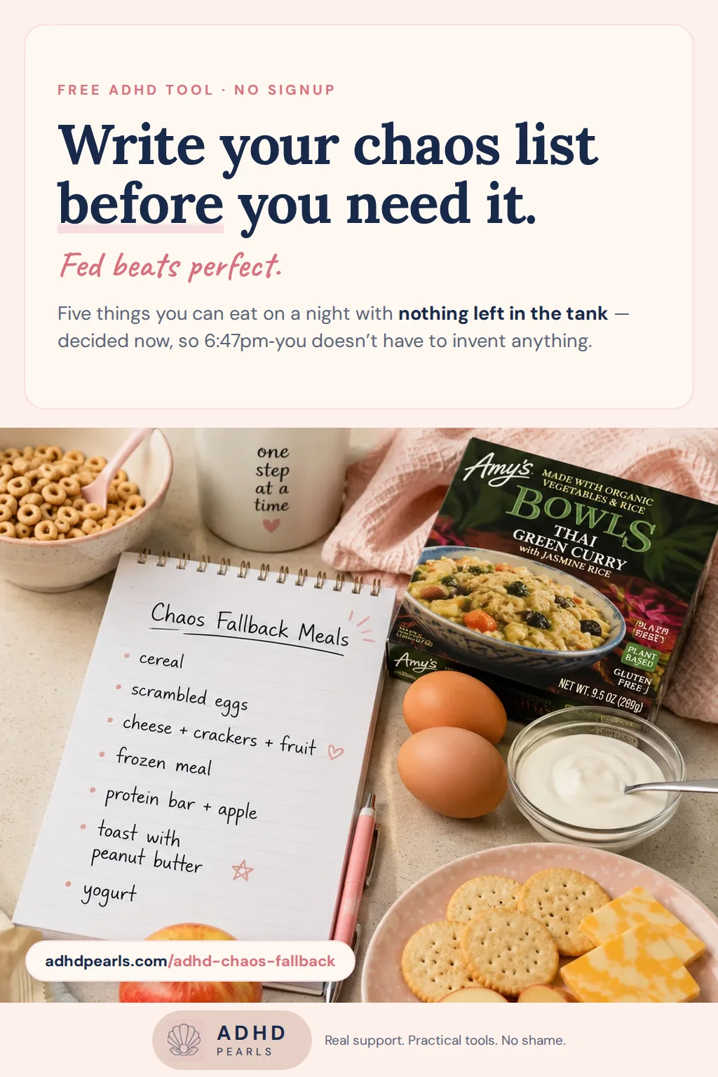 ADHD chaos fallback card: write your chaos list before you need it - five no-thinking meals for a zero-capacity night