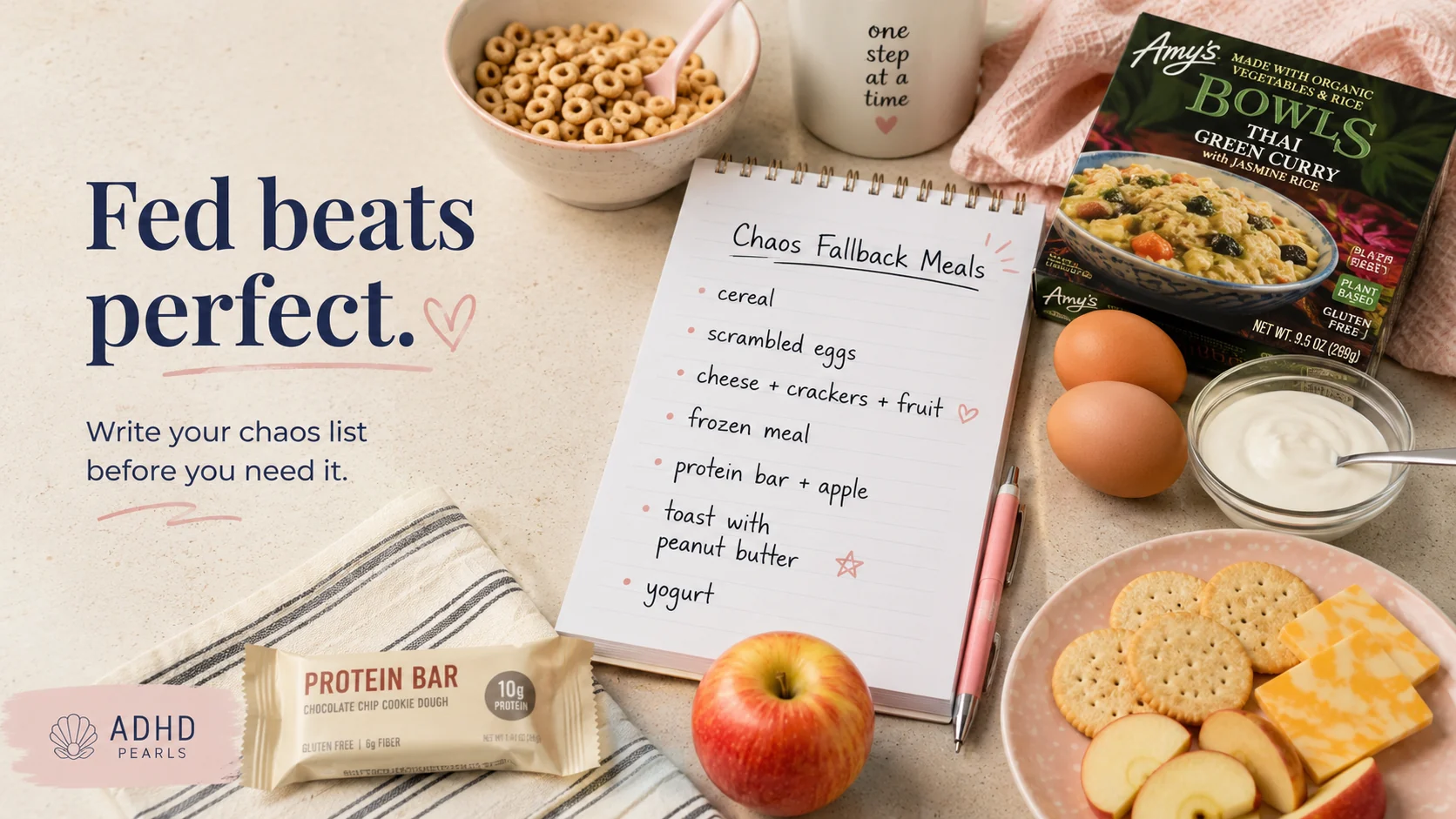 Chaos fallback meal list for ADHD with easy foods like cereal, scrambled eggs, cheese and crackers, frozen meals, protein bars, fruit, toast, and yogurt.