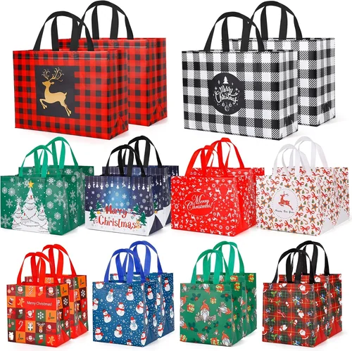 Set of reusable patterned Christmas gift bags with handles, in tartan, snowman and tree designs.
