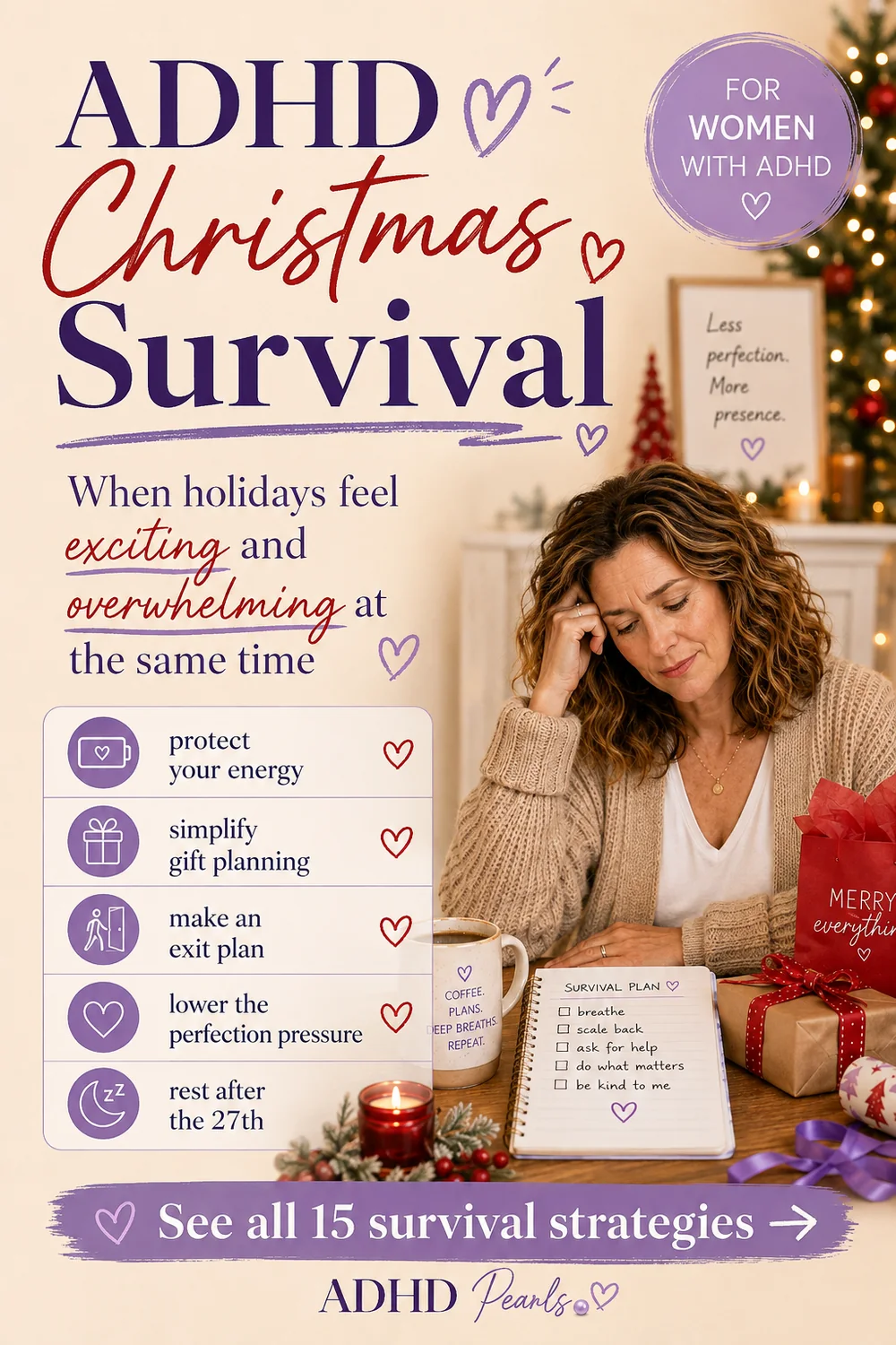 Pinterest pin for women with ADHD about Christmas survival, with tips to protect energy, simplify gift planning, make an exit plan, lower perfection pressure, and rest after the 27th.