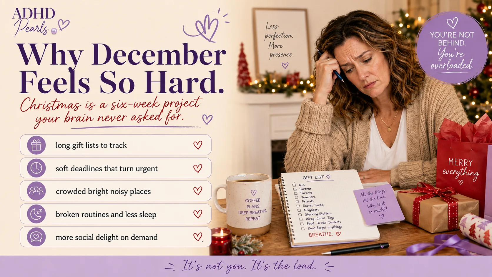 ADHD Christmas infographic showing why December feels hard for women with ADHD, including gift lists, soft deadlines, noisy places, broken routines, and social demands.