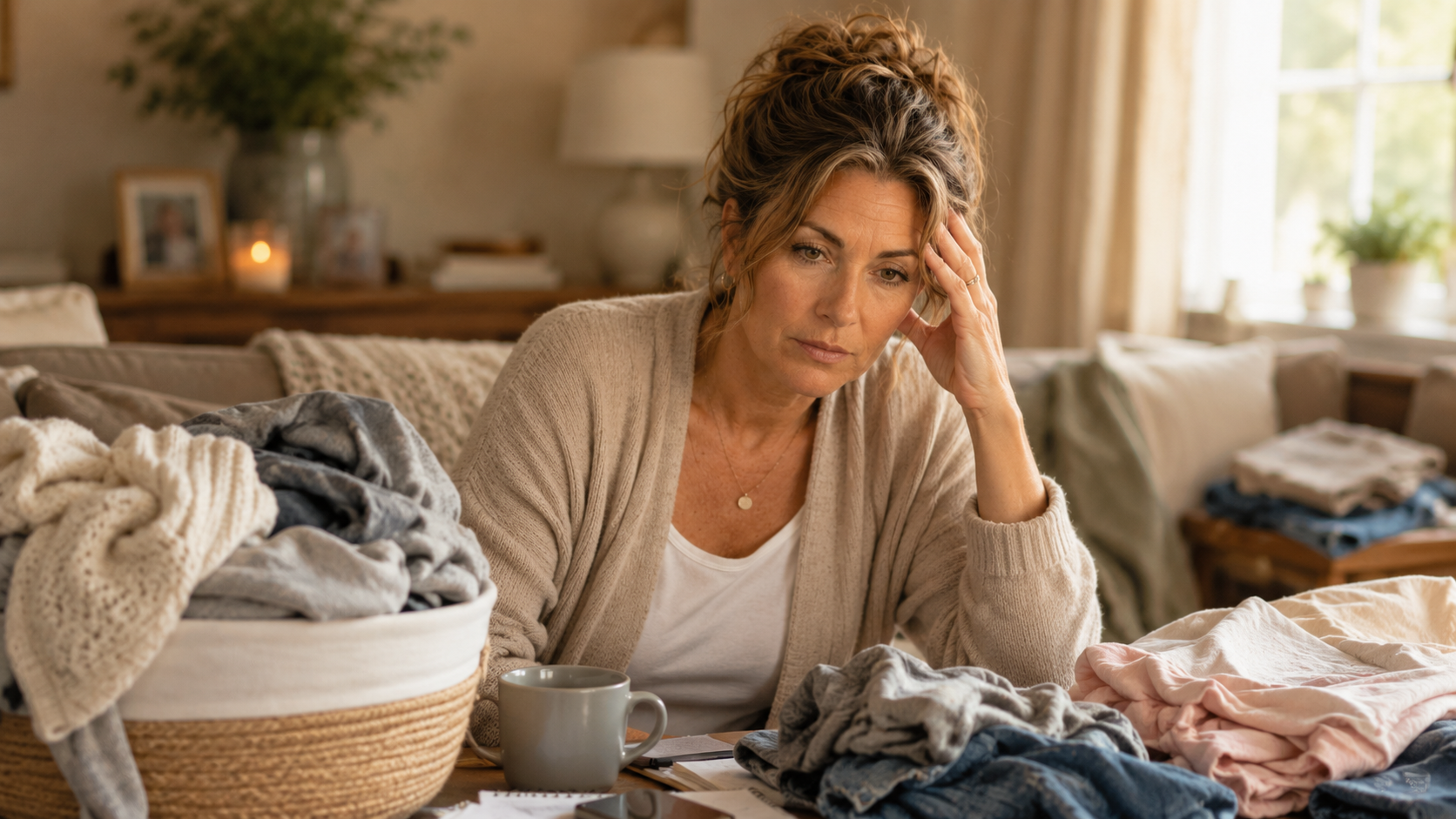 Michelle feeling overwhelmed by laundry and household clutter while trying to start cleaning with ADHD.