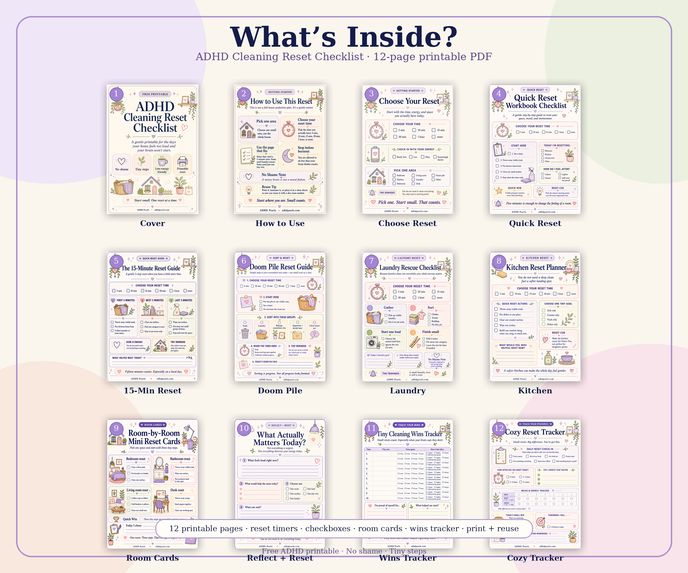 Preview of the 12 printable pages inside the ADHD Cleaning Reset Checklist, including reset guides, room cards, and trackers.