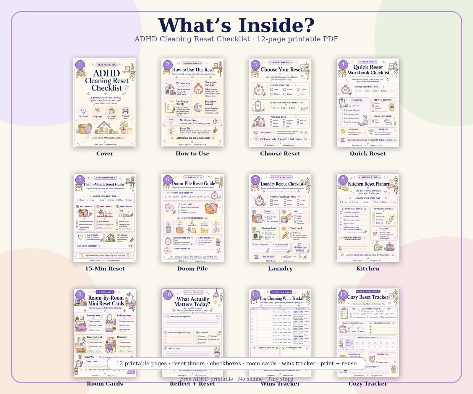 Preview of the 12 printable pages inside the ADHD Cleaning Reset Checklist, including reset guides, room cards, and trackers.
