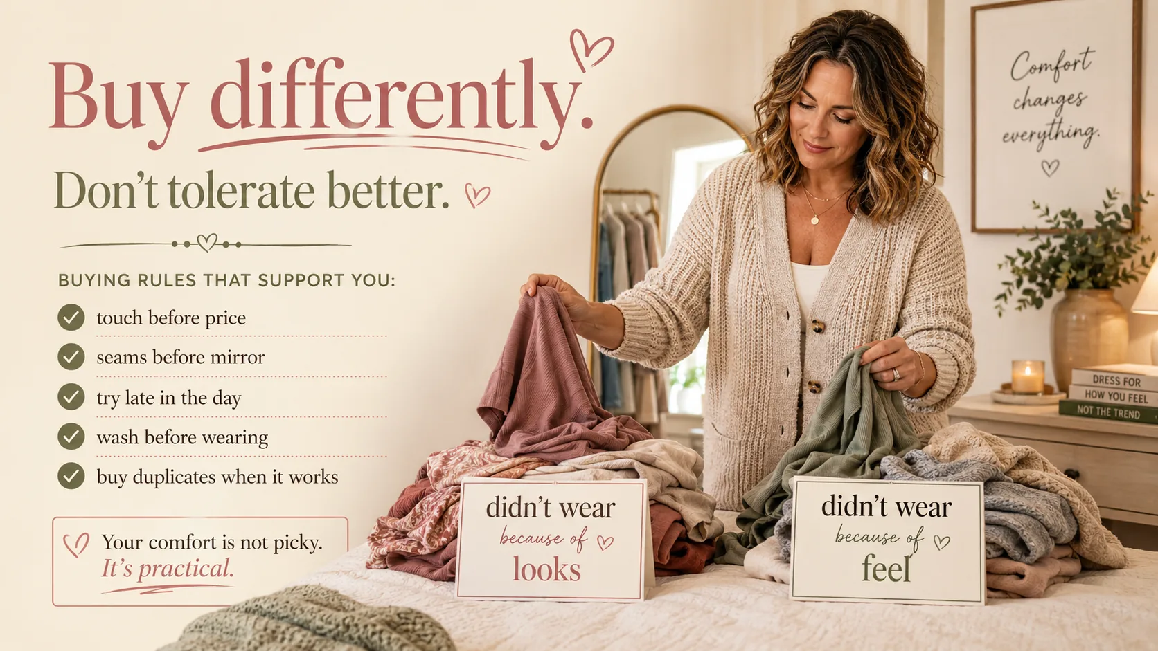 Woman with ADHD sorting clothes into two piles - not worn because of how they look, and not worn because of how they feel - alongside sensory-friendly buying rules.