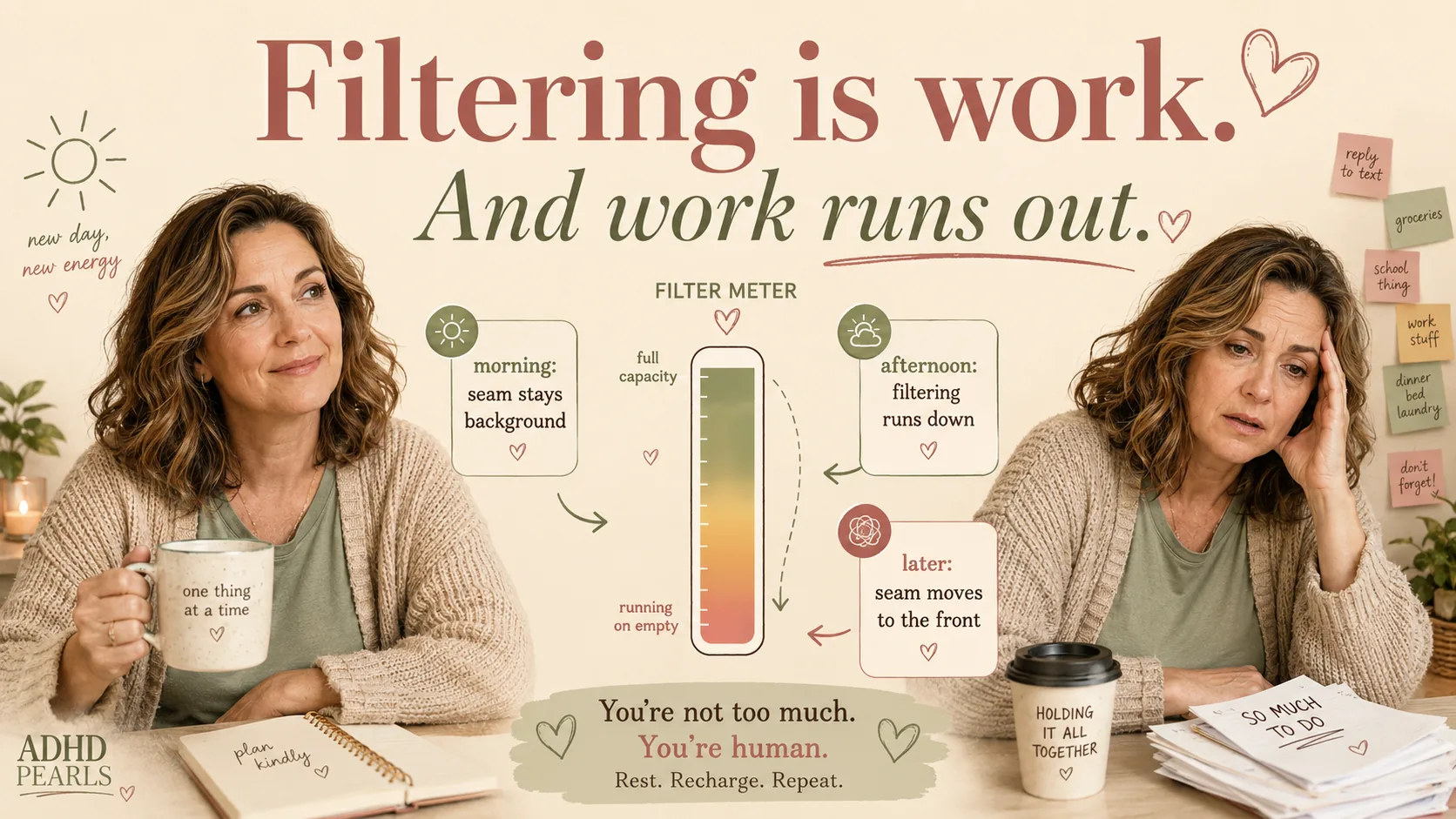 ADHD sensory filtering infographic showing how a seam can stay in the background in the morning but move to the front once filtering capacity has run down later in the day.