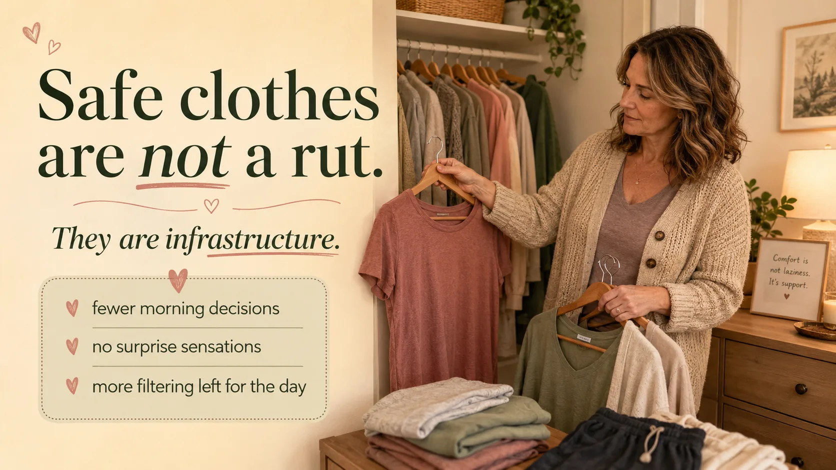 Woman with ADHD choosing from a small rotation of soft, sensory-safe clothes, showing how a repeated wardrobe reduces morning decisions and saves capacity.