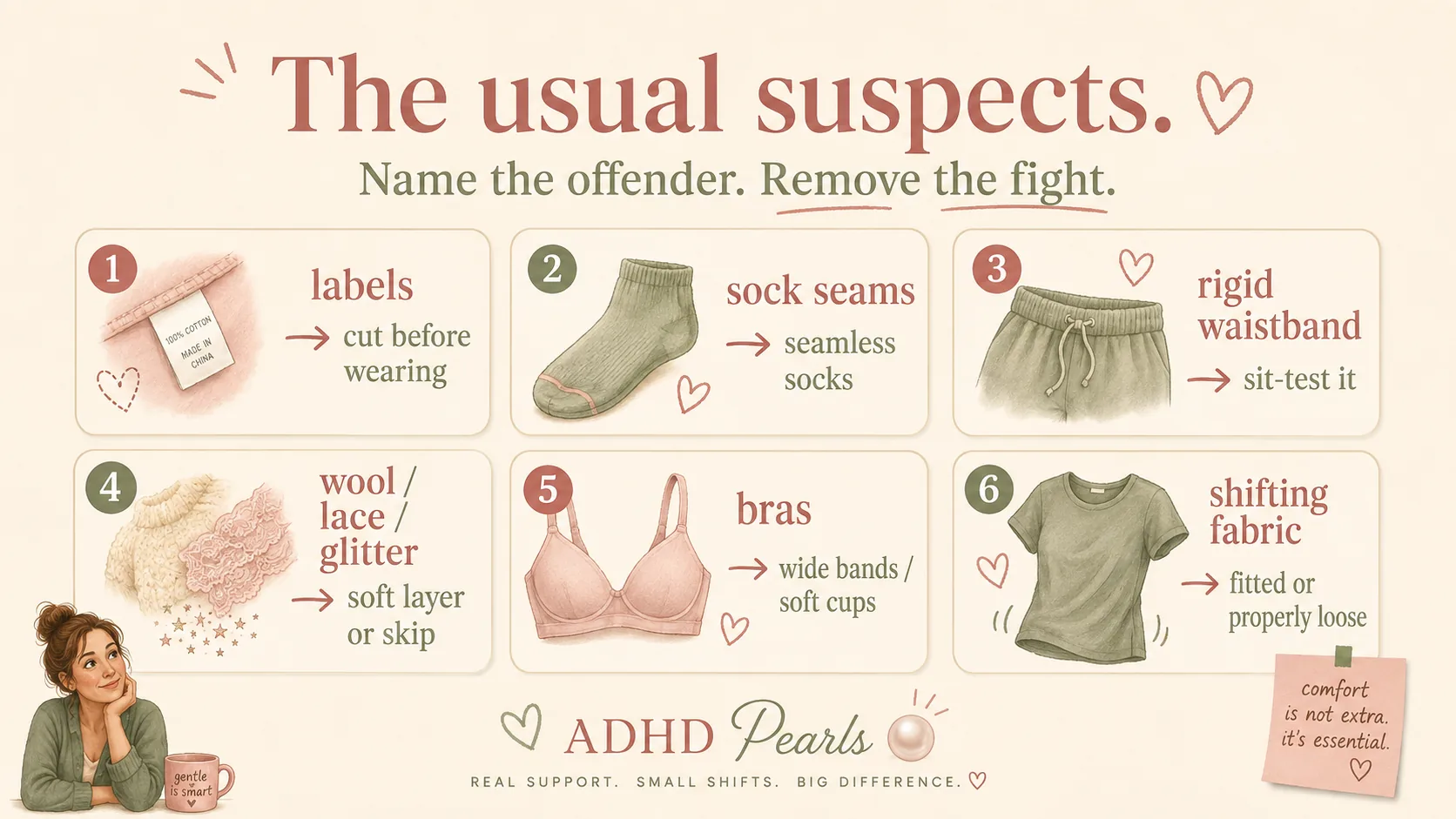ADHD clothing sensitivity infographic listing common irritants - labels, sock seams, rigid waistbands, wool and lace, bras and shifting fabric - with a practical fix for each.