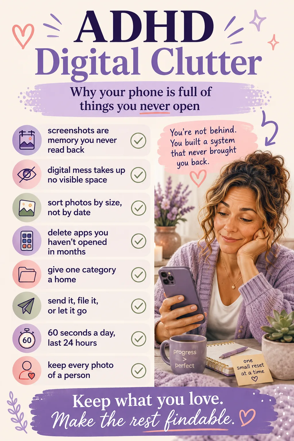 Pinterest pin about ADHD digital clutter, explaining why phones fill with screenshots, photos, apps and tabs that never get reopened, with a short reset and a rule for new screenshots.