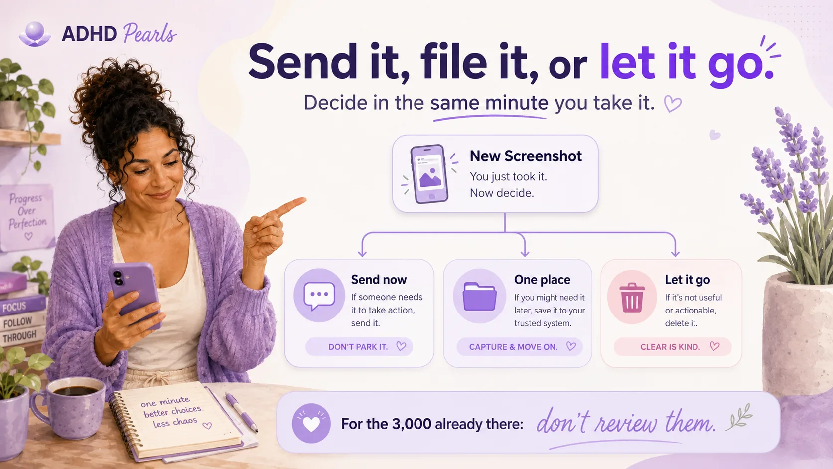 ADHD screenshot rule infographic showing three options for a new screenshot: send it immediately, file it in one trusted place, or accept that it is disposable.
