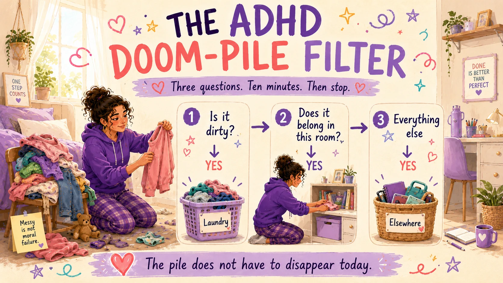 ADHD doom-pile decision filter sending dirty items to laundry, room items to their place and everything else to an elsewhere basket.
