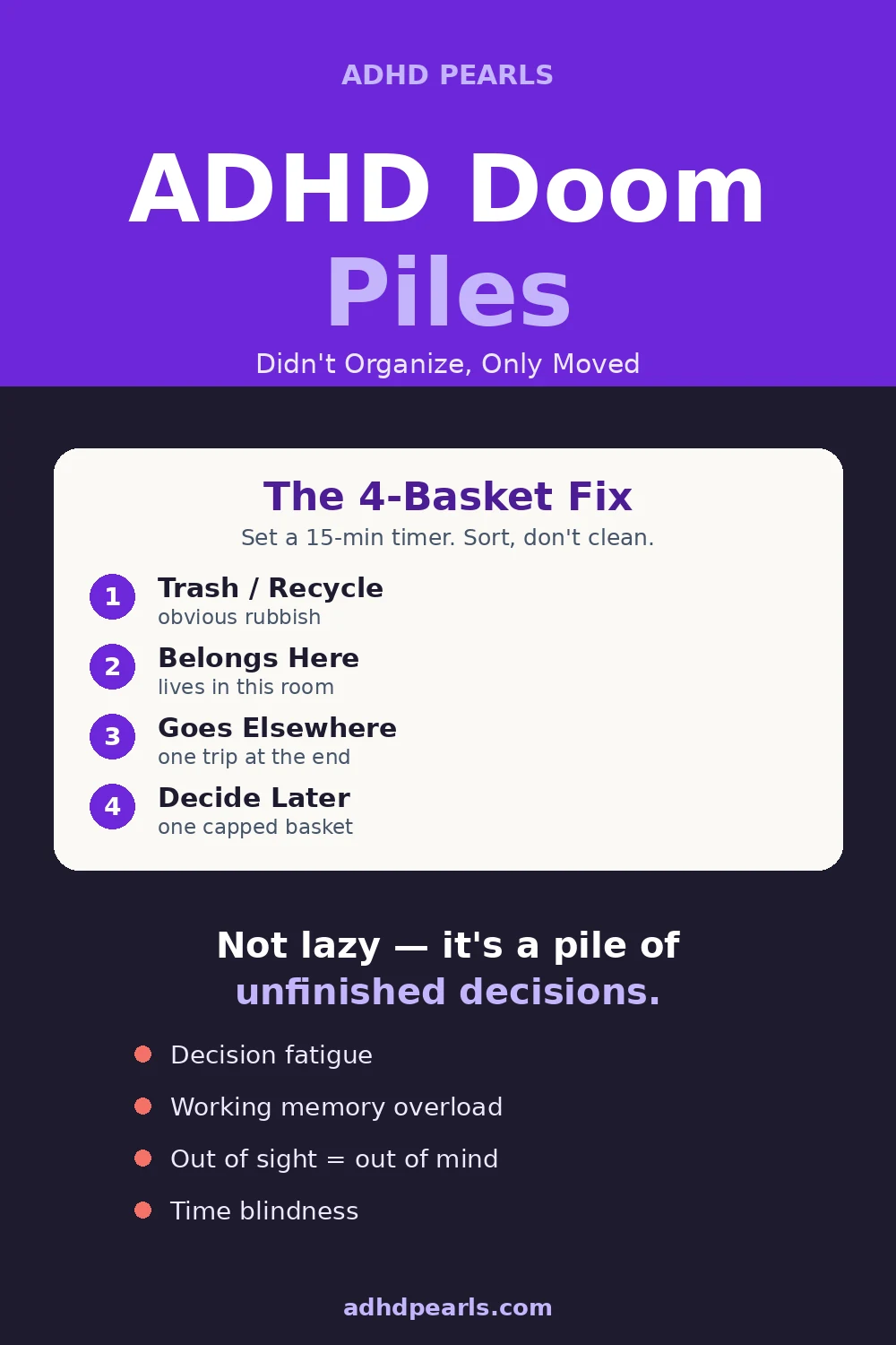 Vertical Pinterest guide to ADHD doom piles: the 4-basket fix (trash, belongs here, goes elsewhere, decide later) and why piles form - decision fatigue, working memory overload, object permanence and time blindness.
