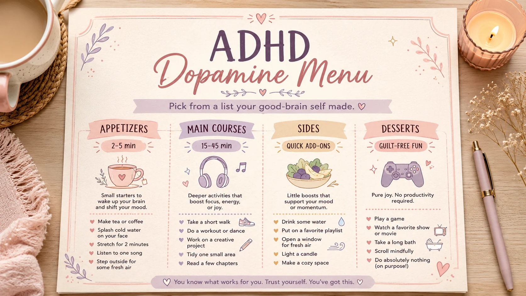 Pastel ADHD dopamine menu printable divided into appetizers, main courses, sides, and desserts for choosing supportive activities.