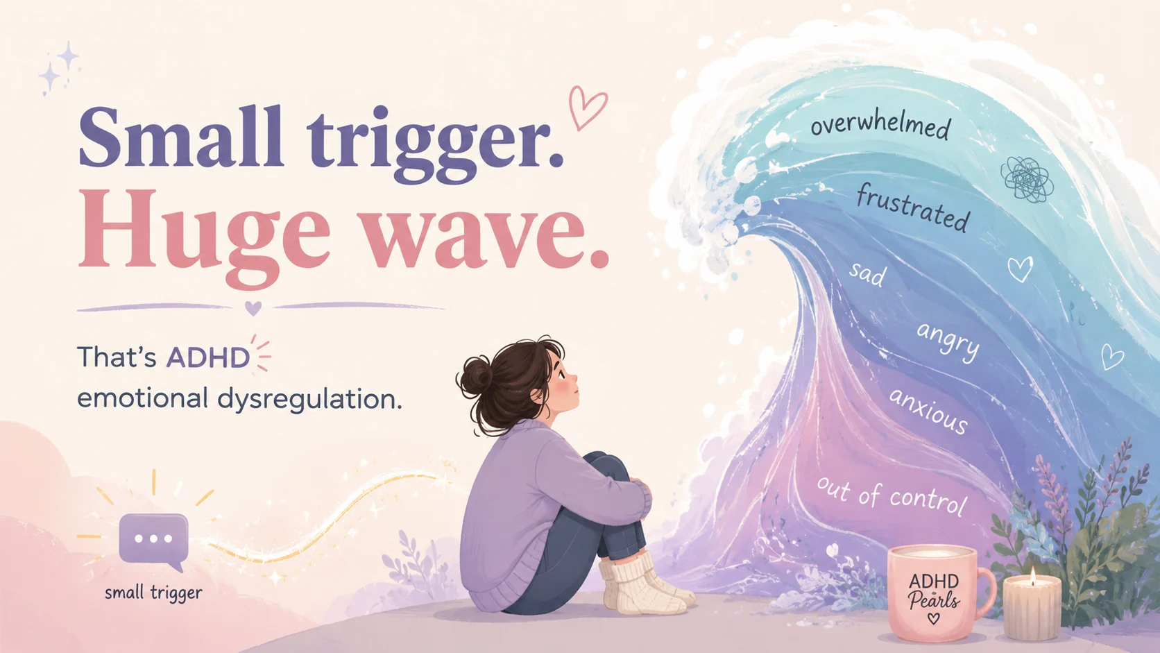 Pastel illustration showing a small trigger turning into a huge emotional wave for someone with ADHD emotional dysregulation.