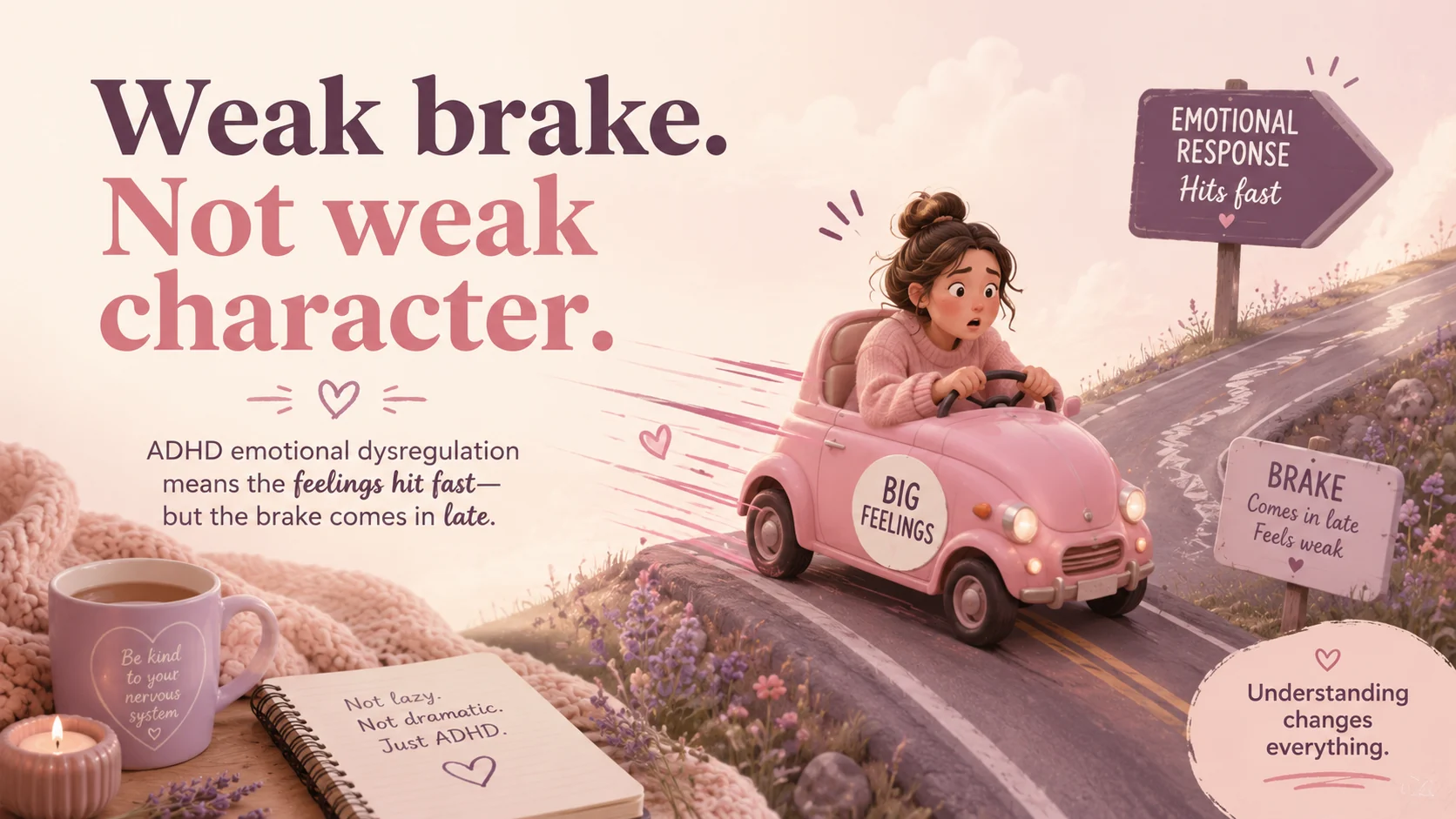 Illustration explaining ADHD emotional dysregulation as a weak emotional brake, not a weak character.