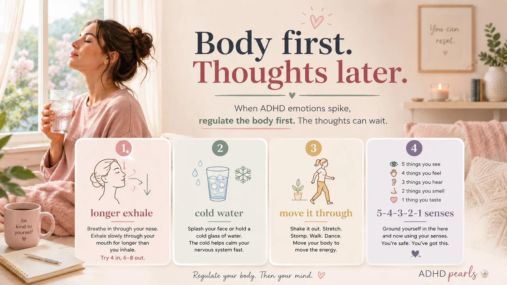 Pastel ADHD emotional regulation guide showing body-first calming steps like longer exhales, cold water, movement, and grounding through the senses.
