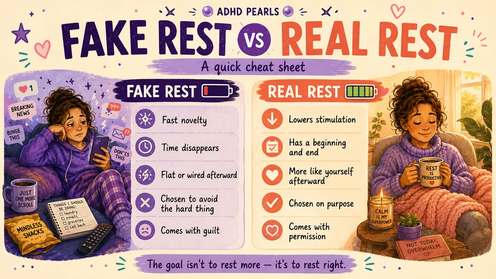 ADHD fake rest and real rest comparison showing stimulation, time, energy, intention and guilt.