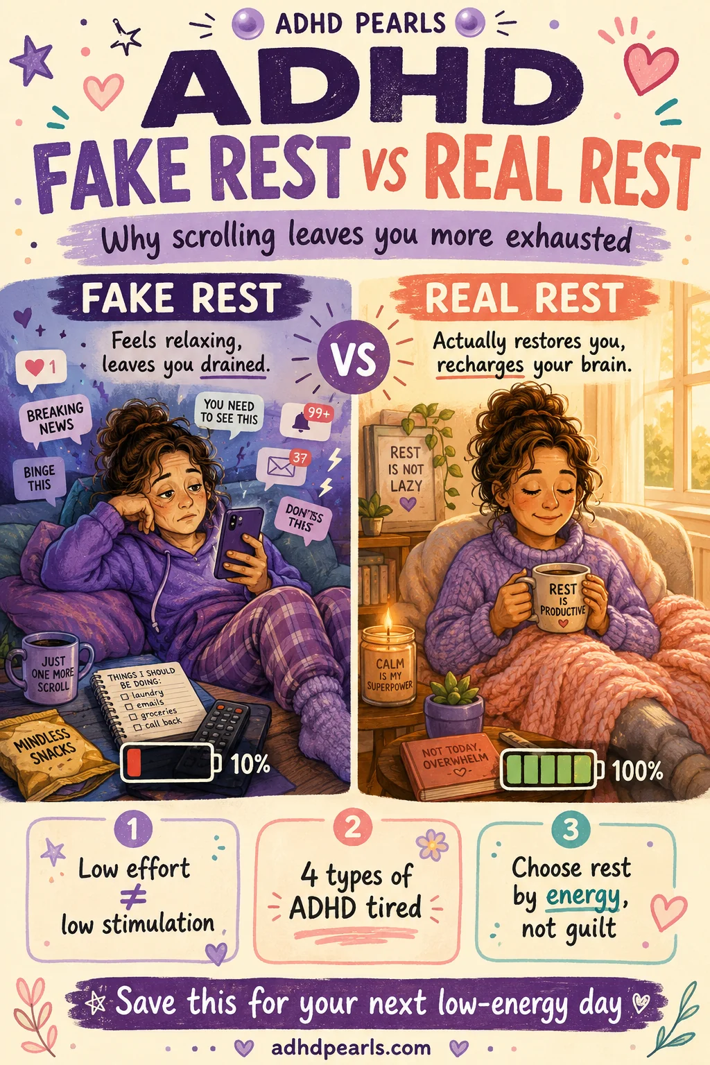 Vertical Pinterest guide comparing ADHD fake rest from scrolling with real rest that restores energy.