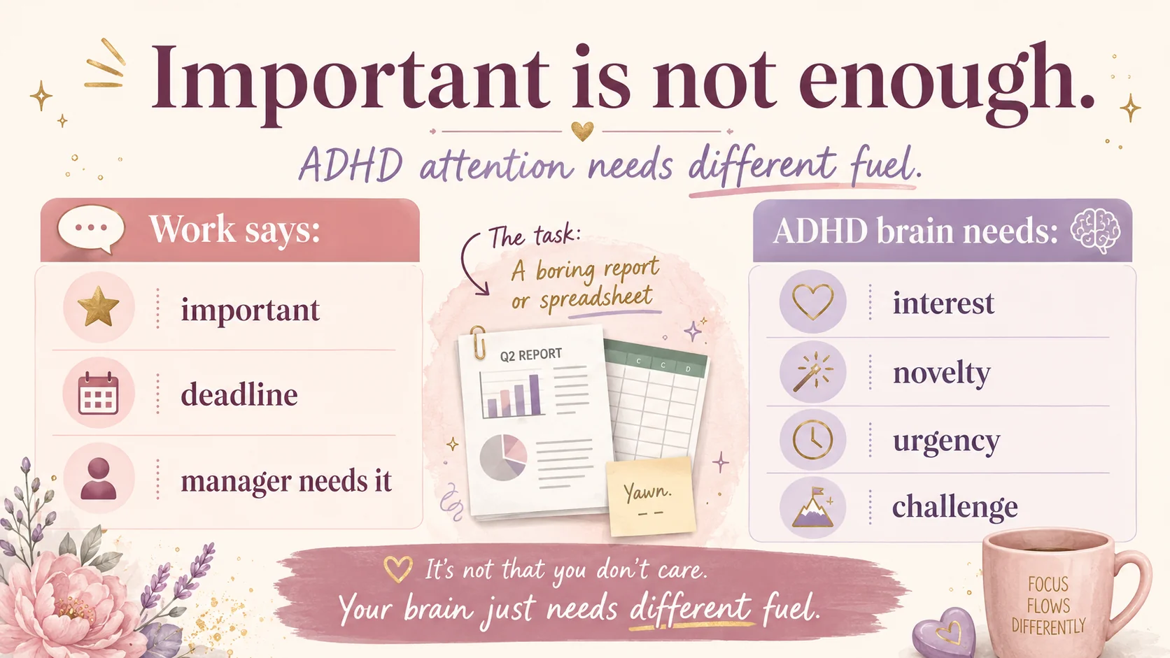 ADHD focus infographic explaining that work may say a task is important, but the ADHD brain often needs interest, novelty, urgency, or challenge to activate attention.